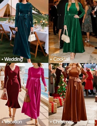 ZESICA Womens Velvet Maxi Dress Fall 2026 Long Puff Sleeve Crew Neck Elastic High Waist Cocktail Party Bridesmaid Dresses