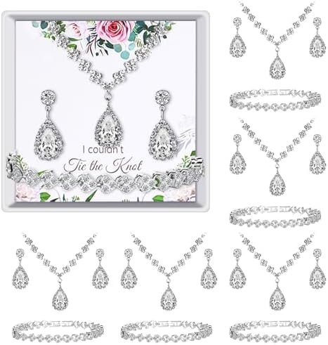 Remuuly 6 Pcs Bridesmaid Jewelry Sets for Wedding Rhinestone/Pearl Earrings Necklace Bracelet with Card for Wedding Proposal