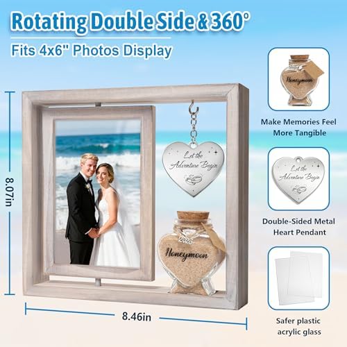 Wedding Gifts for Couples 360 Rotating Double-Sided Picture Frame with Honeymoon Sand Keepsake Jar, Holds Two 4×6 Photos, Ideal for Bridal Shower, Mr & Mrs Engagement and Newlywed Gift Set (Let the adventure begin-White)