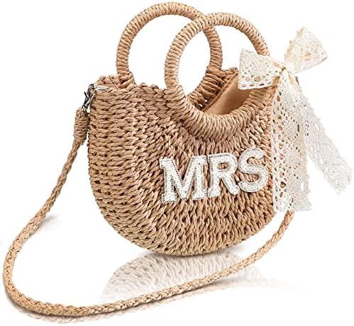 Pinkunn Bride Gift Bride Straw Purse Mrs Handwoven Bag Rhinestone Letter Bag Bachelorette Honeymoon Wedding Bridal Shower