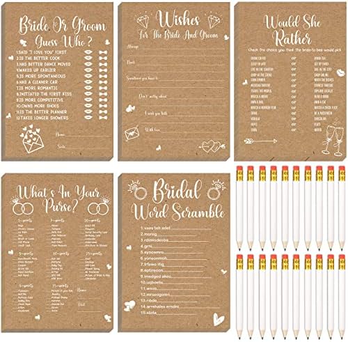 Funtery 145 Pcs Rustic Kraft Bridal Shower Games 5 Fun Wedding Party Games Activities Set Include 125 Wedding Shower Cards 20 Pencils Bride Groom Bachelorette Party Favor Supplies, for 25 Guests