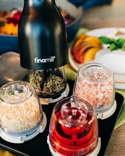 FinaMill Ultimate Gift Set Battery Operated Spice Mill with 4 Interchangeable Spice Pods & Slate Quartet Stackable Tray, Adjustable Coarseness, Ceramic Grinder, LED Light, Kitchen Gifts for Women