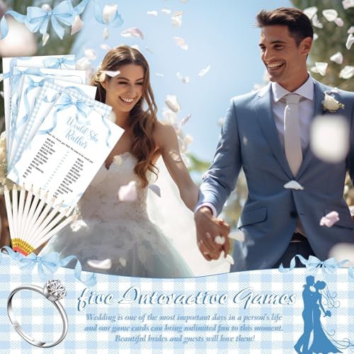 Estune 331 Pcs Bridal Shower Games Supplies, 5 Sets 250 Pcs Wedding Cards 1 Bridal Shower Games with 60 Rings and 20 Pencils (Blue Bow)