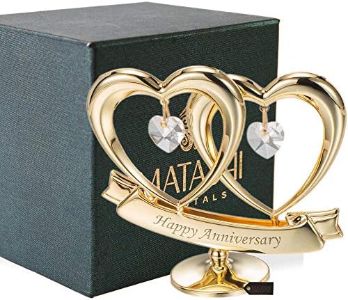 Matashi 24K Gold Plated Anniversary Heart Sculpture with Crystals Double Heart Statue – Perfect Christmas and Holiday Gift and Premium Quality Cake Topper
