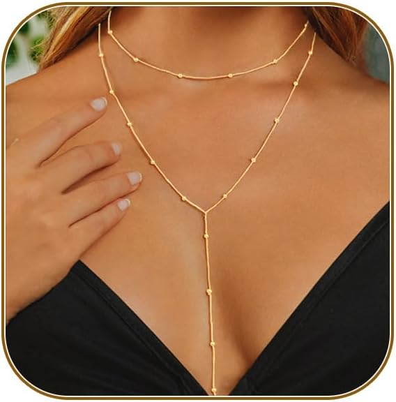 HERIER Lariat Gold Necklace for Women, Dainty Long Necklace 14k Gold Plated/Silver Y-Shaped Layered Beaded Chain Drop Necklaces for Women Trendy Simple Gold Jewelry for Women Gifts