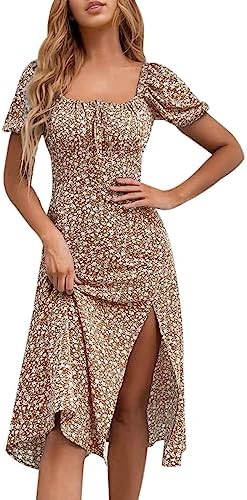 SPRIME Womens Floral Summer Casual Dress Square Neck Puff Sleeve Boho Midi Dresses Ruched Bust High Waist Split Long Dress