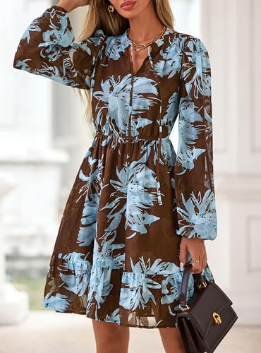 PRETTYGARDEN Womens Fall Boho Dresses 2026 Floral Long Sleeve V Neck Mini Flowy Wedding Guest Dress Trendy Vacation Outfits