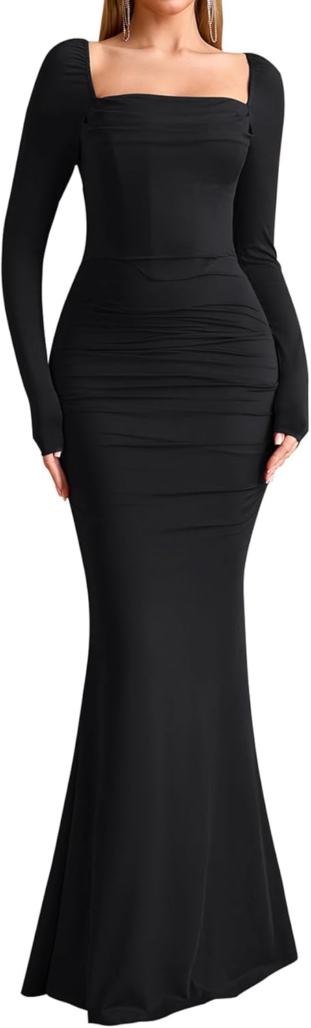 EYNMIN Corset Maxi Dress Long Sleeve Square Neck Ruched Bodycon Elegant Formal Wedding Guest Dresses for Women 2025 Fall