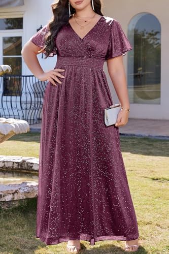 Plus Size Formal Dresses – V Neck Flutter Sleeve Glitter Prom Evening Gowns Wedding Guest Chiffon Long Maxi Dress