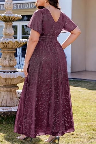 Plus Size Formal Dresses – V Neck Flutter Sleeve Glitter Prom Evening Gowns Wedding Guest Chiffon Long Maxi Dress
