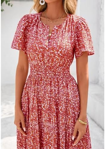 BTFBM Womens Summer Floral Maxi Dresses V Neck Short Sleeve Boho Casual Flowy Long Wedding Guest Dress Beach Vacation