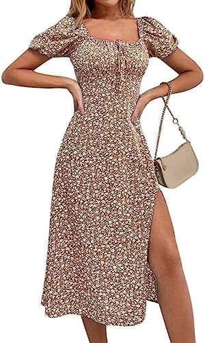 SPRIME Womens Floral Summer Casual Dress Square Neck Puff Sleeve Boho Midi Dresses Ruched Bust High Waist Split Long Dress