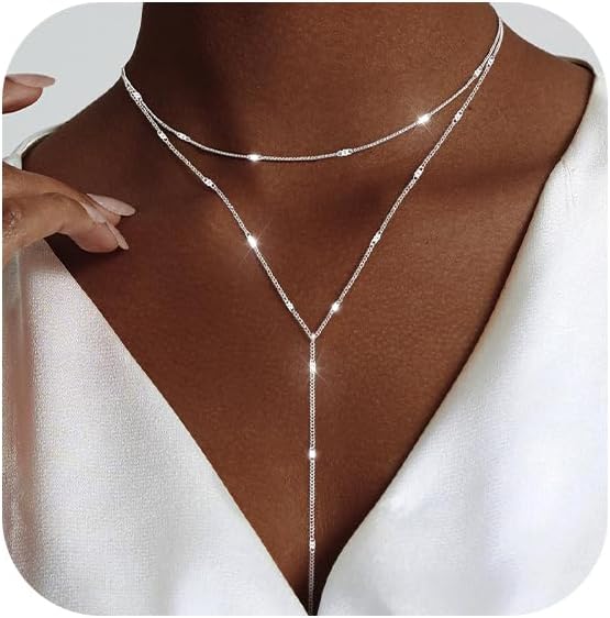 Luxval Lariat Silver Necklace for Women, Dainty Long Necklace Silver Y-Shaped Pendant Necklaces Trendy Beaded Chain Drop Necklaces Jewelry for Women Gifts