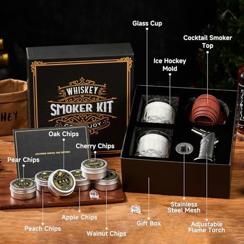 Whiskey Smoker Kit with Torch – 6 Flavors Wood Chips, 2 Glasses, 2 Ice Ball Molds – Cocktail Smoker Infuser Kit, Old Fashioned Drink Smoker Kit, Birthday Bourbon Whiskey Gifts for Men,Dad(NO Butane)