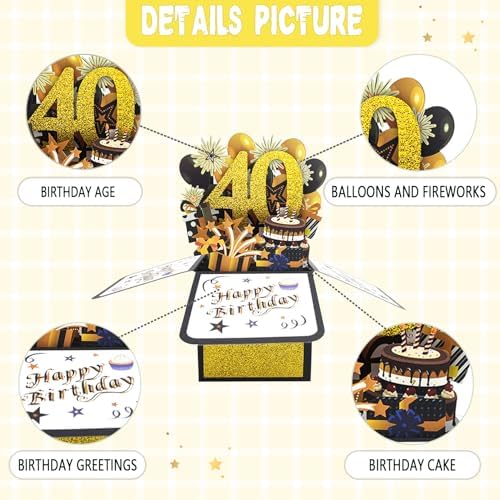Asmallgf Happy 40th Birthday Pop-up Card for Mom Dad, Cool Splendid Forty Bday 3D Greeting Card for Husband Wife, Best 40 Year Old Birthday Gift Ideas for Men Women