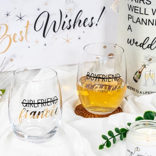 Engagement Gifts For Couples, Newly Engaged Fiance Gifts For Her Him Women Men, Future Mrs Just Enagaed Wine Glasses Bag Set With Candle And Ornament, Cool Wedding Party Decorations for Bride To Be