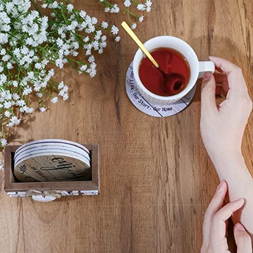 Queekay Coasters Set of 6 House Warming Gifts New Home Wooden Farmhouse Drink Coasters with Holder 4 Funny Decoration for Kitchen Family Coffee Bar Tabletop Protection(Farmhouse Color)