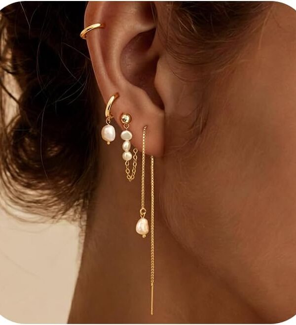 Gold Hoop Earrings for Women, 14K Gold Plated Hypoallergenic Pearl Drop Dangle Huggie Hoop Earring Stack for Multiple Piercings & Cartilage, Dainty Trendy Womens Jewelry