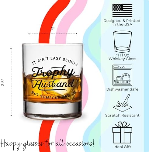 Valentines Day Gifts for Husband Funny Bourbon Gifts for Men Cool Anniversary or Birthday Gift for Him from Wife, Gift Idea for Men Who Have Everything – Trophy Husband Whiskey Glass