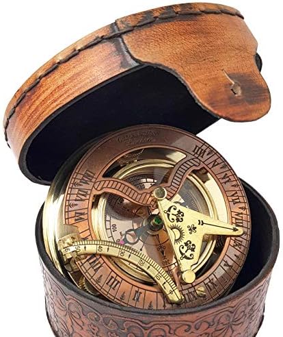 Brass Nautical – Antique Brass & Copper Sundial Compass, Sundial Clock in Box Gift Sun Clock Ship Replica Watch