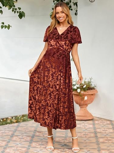 Simplee Womens Velvet Wrap Dress Short Sleeve High Split Fall Wedding Guest Dresses Long Formal Cocktail Party Dresses