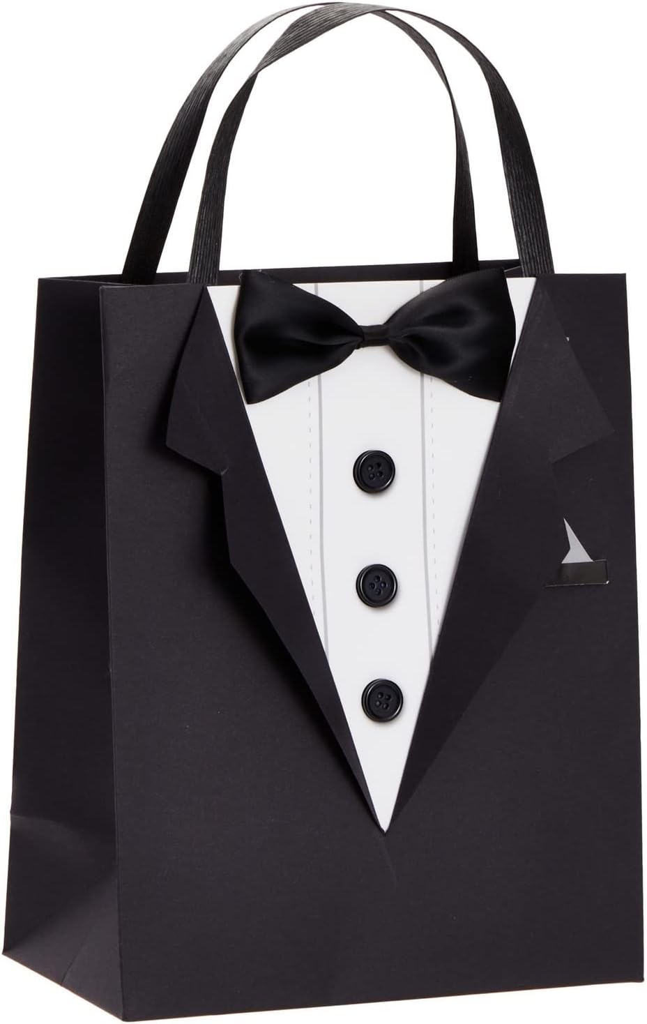 Sparkle and Bash Groomsmen Gift Bags With 3D Tuxedo Design, Satin Bow Tie & Real Buttons – Black, 6 Pack, 8 x 4.5 x 10 In – Wedding & Bachelor Party – Tuxedo Gift Bags for Men