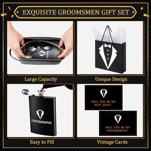 50Pcs Groomsmen Gifts Groomsmen Proposal Box with Flasks Sunglasses PU Leather Toiletry Bag Bottle Opener for Wedding Groomsman Best Man Gift (Black)
