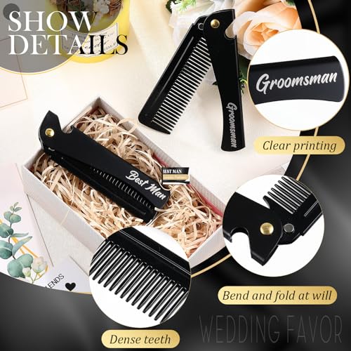 6 Pcs Groomsmen Gifts Folding Beard Comb for Men with Opener Groomsmen Gift Set of 6 Best Man Proposal Gift Combs Hair Mustache for Wedding Party Favor Grooming Detangling(Stainless Steel,Black)
