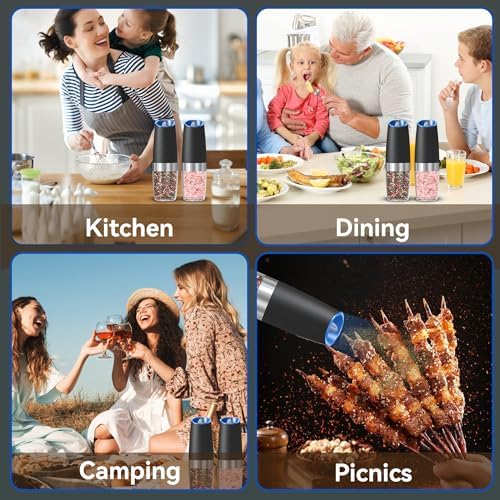 Gravity Electric Salt and Pepper Grinder set of 2, Automatic Salt And Pepper Grinder Set, Adjustable Roughness, Battery Powered, LED Light, 2 Pack, (Black)