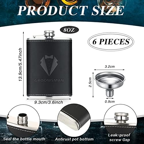 Rtteri Groomsman Gifts Set of 6 Flask for Men 8 oz Groomsman Proposal Gifts Stainless Steel Tuxedo Hip Flask Bachelor Party Favors for Wedding Proposal