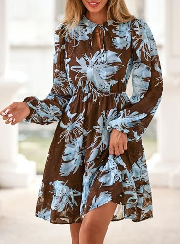 PRETTYGARDEN Womens Fall Boho Dresses 2026 Floral Long Sleeve V Neck Mini Flowy Wedding Guest Dress Trendy Vacation Outfits