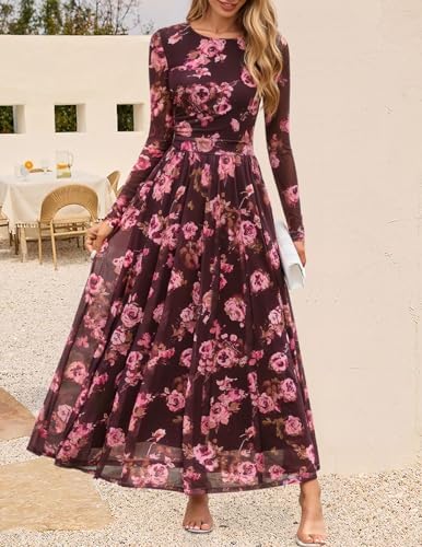ZESICA Womens Maxi Dress 2026 Spring Long Sleeve Crewneck Floral Print Mesh Ruched Party Wedding Guest Dresses