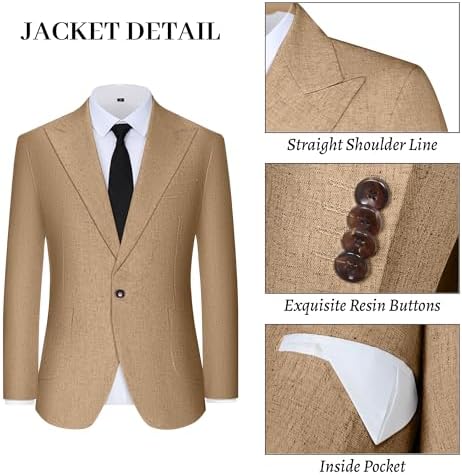 Mens Linen Suit Slim Fit 2 Piece Summer Beach Wedding Suits Peak Lapel Casual Blazer Pants Set for Prom Tuxedo