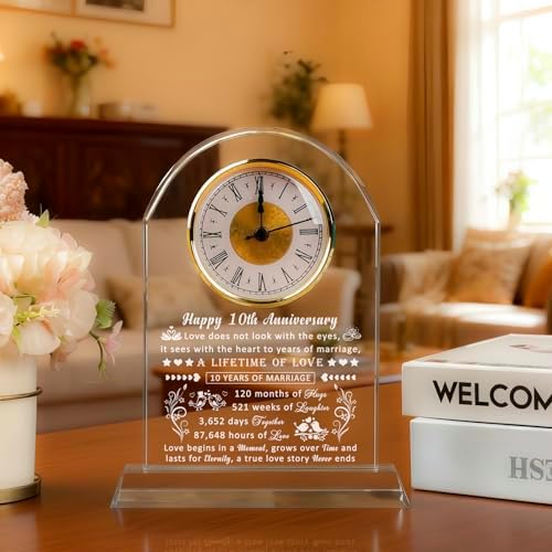10 Year Anniversary Clock Gifts for Him Her, 10th Anniversary Romantic Gifts for Couple, Ten Year Anniversary Wedding Gifts for Wife Husband Women Men, 10 Years of Marriage Gifts