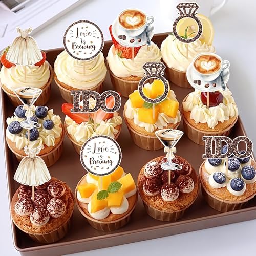 Love Is Brewing Cake Topper – 36 Pcs Bridal Shower Cupcake Topper Decorations With Romantic Elements Diamond Ring Dresss for Love Is Brewing Bridal Wedding Engagement Party Decoration Supplies