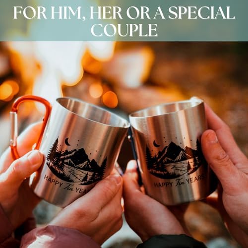 10 Year Anniversary Tin Gifts for Him Tin Anniversary for Husband – 8oz Aluminum Mug with Carabiner Handle 10th Anniversary for Couple (Red)