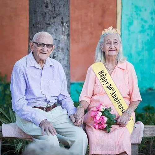 YARIEW 50th Anniversary Decorations, Gold Crown and Happy 50th Anniversary Sash Set, Tiara Crown Sash for 50th Wedding Anniversary Decorations for Party Gifts for Women