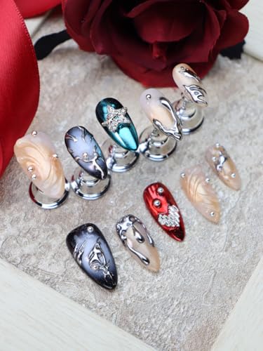 RDNTBEU Press on Nails Beach Medium Almond 3D Fake Nails Reusable Luxury Handmade False Nails with Design Pearl Heart Solid Star,Press ons Muti-Layer Acrylic Handmade Nails for Wome Manicure(Size M)