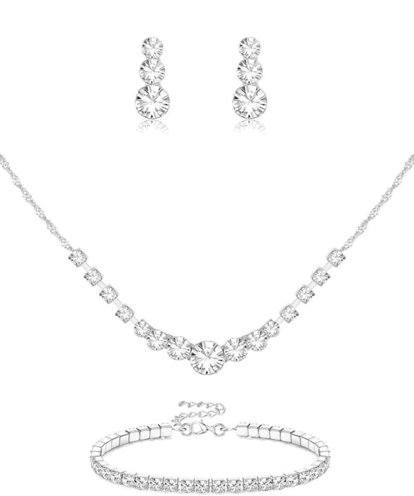 Eyesoul Silver Plated Jewelry Set for Women Rhinestone Crystal Necklace Drop Earrings Link Bangle Bracelet Bridal Wedding Jewelry Sets for Brides Bridemaid Prom Costume Accessories