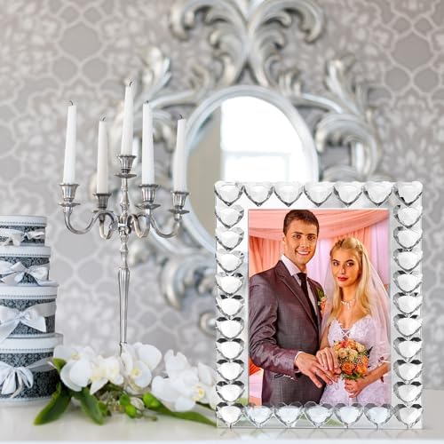 Briwooody 5×7 Inches Crystal Picture Frame Standing Clear Wedding Photo Frame for Home Tabletop Display Boutique Craft Decor (Heart)