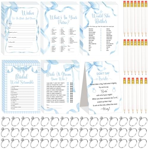 Estune 331 Pcs Bridal Shower Games Supplies, 5 Sets 250 Pcs Wedding Cards 1 Bridal Shower Games with 60 Rings and 20 Pencils (Blue Bow)