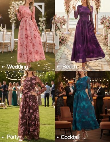 ZESICA Womens Maxi Dress 2026 Spring Long Sleeve Crewneck Floral Print Mesh Ruched Party Wedding Guest Dresses
