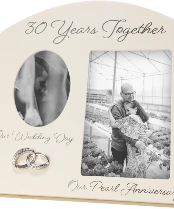 Haysom Interiors Contemporary 30 Years Together Then and Now Pearl Anniversary Light Beige Frame with Double Silver Rings | Beautiful 30th Anniversary Picture Frame by Happy Homewares
