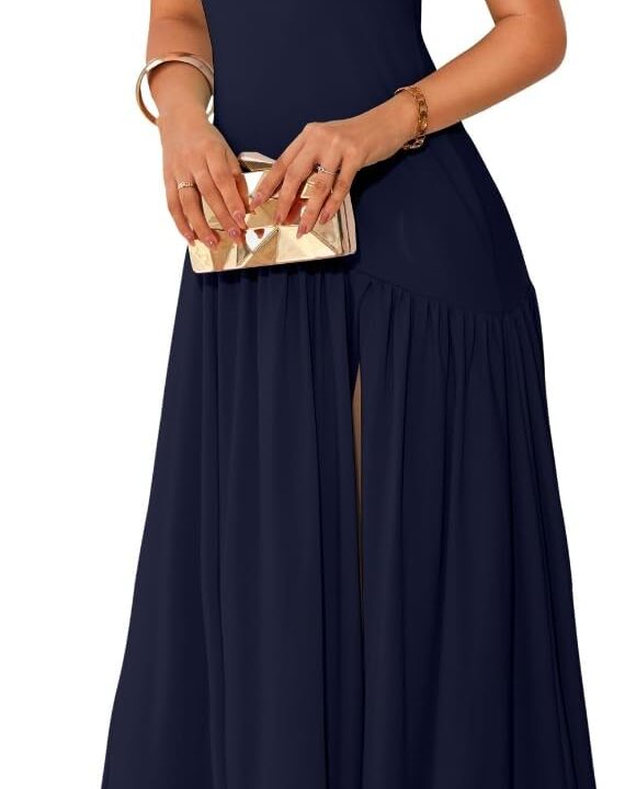 Women's Maxi Tube Dress with Scarf, Drop Waist High Slit Formal Prom, Wedding Guest Cocktail Party Gown