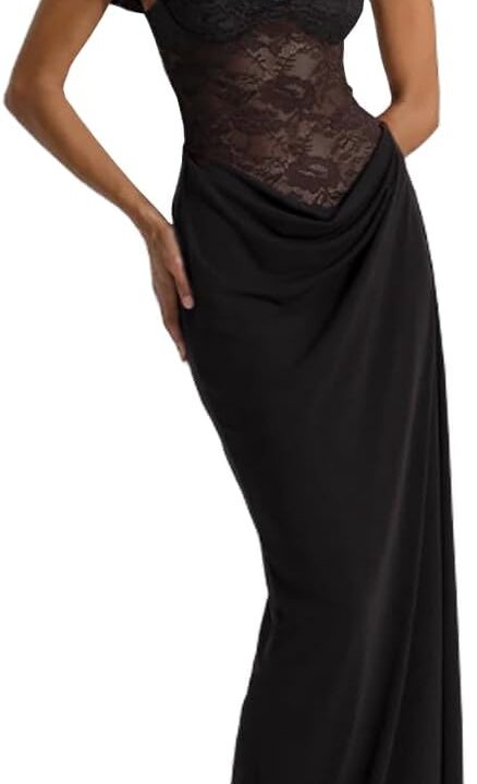 Women's Sexy Lace Maxi Dress High Split Spaghetti Strap Backless Wedding Guest Cocktail Formal Dresses