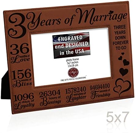 KATE POSH 3rd Anniversary Engraved Rawhide Leather Picture Frame (5×7 Horizontal)