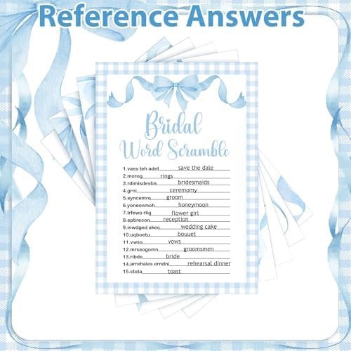 Estune 331 Pcs Bridal Shower Games Supplies, 5 Sets 250 Pcs Wedding Cards 1 Bridal Shower Games with 60 Rings and 20 Pencils (Blue Bow)