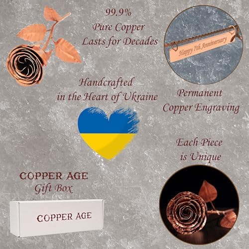 Copper Rose with Stand & Engraved Plate Happy 7th Anniversary – 7th Wedding Anniversary Decor for Wife, Him or Her – Traditional Copper Gift Keepsake
