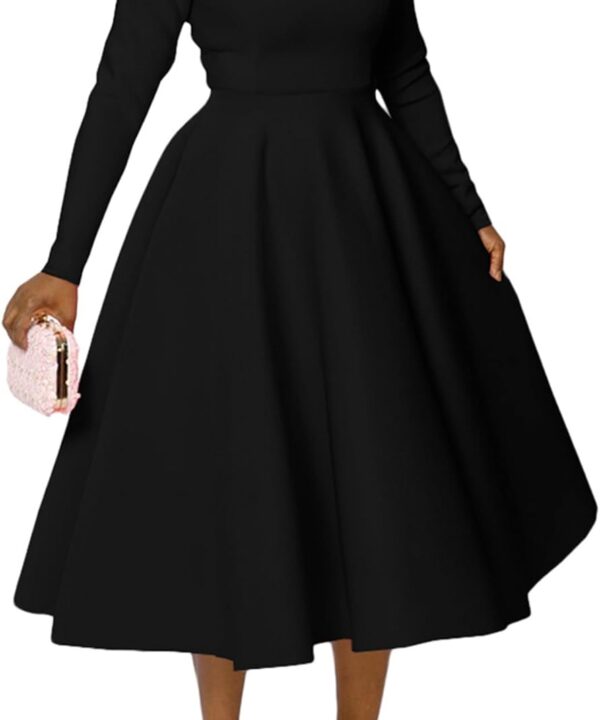 Famnbro Women's Vintage Cocktail Dresses 1950s Round Neck Long Sleeve A Line Formal Church Swing Maxi Dress