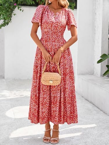BTFBM Womens Summer Floral Maxi Dresses V Neck Short Sleeve Boho Casual Flowy Long Wedding Guest Dress Beach Vacation